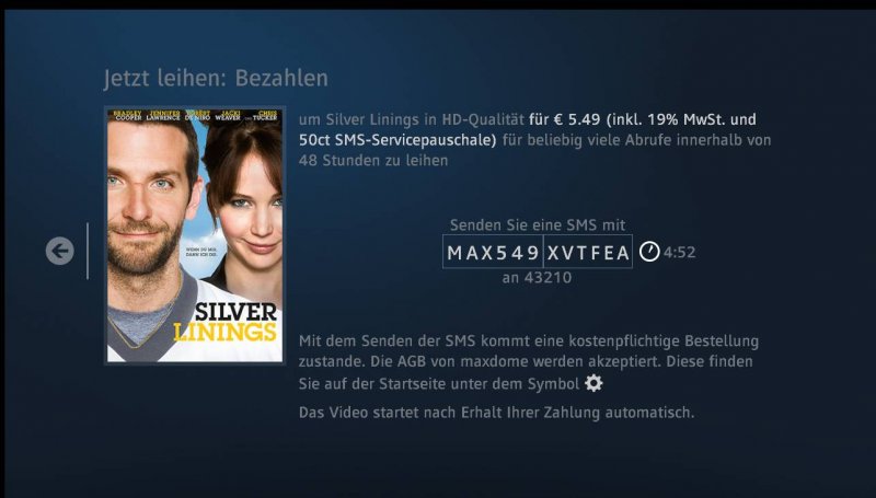 SMS an die 43210 mit dem angezeigten Code senden, danach startet der Film / Bild: maxdome SMS an die 43210 mit dem angezeigten Code senden, danach startet der Film / Bild: maxdome