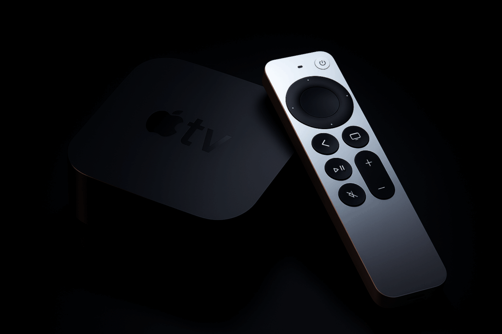 Apple TV 4K mit Fernbedienung und Apple TV Logo / KI-generiertes Bild: Couchmoment