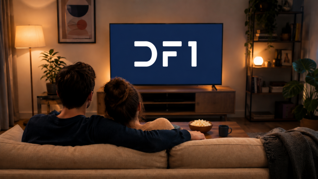 Gemütliche Abendstimmung im Wohnzimmer, Logo von DF1 / Bildquelle: KI-generiert: ChatGPT