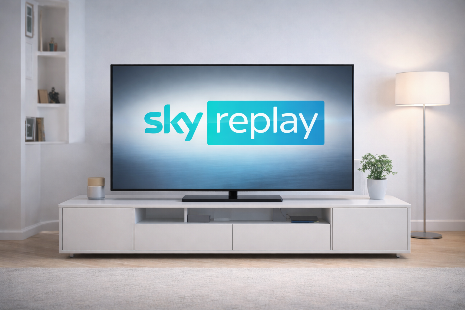 Moderner Wohnraum mit TV und Logo von Sky Replay / Bildquelle: KI-generiert: ChatGPT