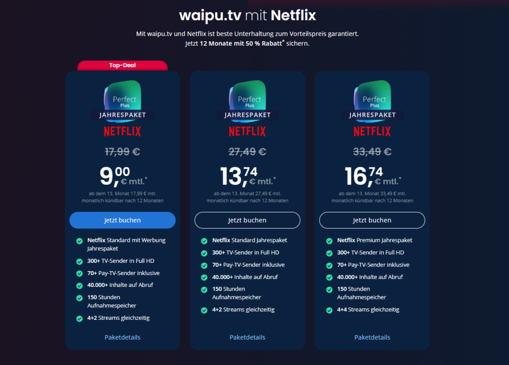 waipu.tv und Netflix im Bundle, Screenshot waipu.tv Webseite: Couchmoment.de