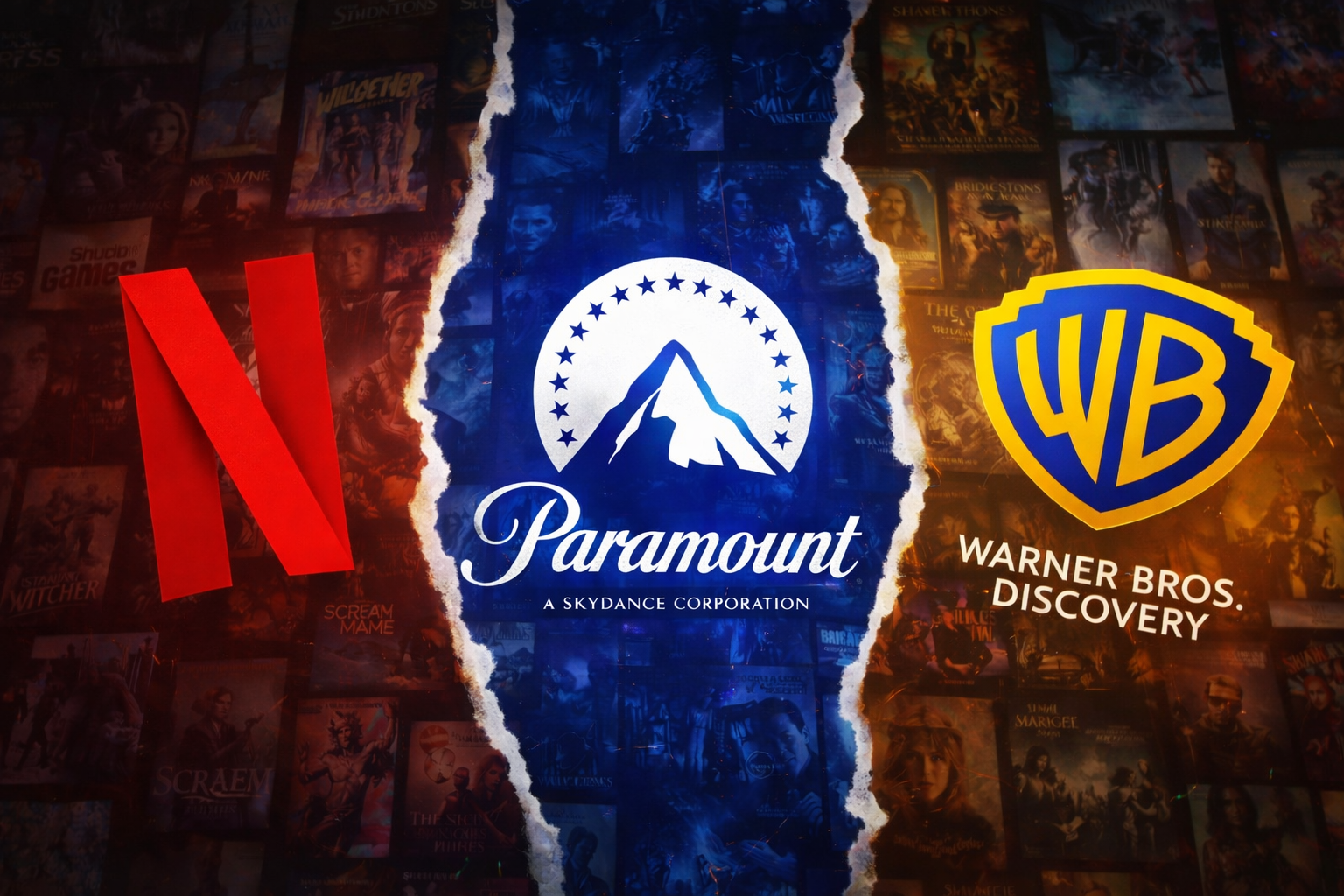 Rivalität der Streaming-Giganten, Logos von Netflix, Paramount und Warner Bros. Discovery / Bildquelle: KI-generiert: ChatGPT Rivalität der Streaming-Giganten, Logos von Netflix, Paramount und Warner Bros. Discovery / Bildquelle: KI-generiert: ChatGPT