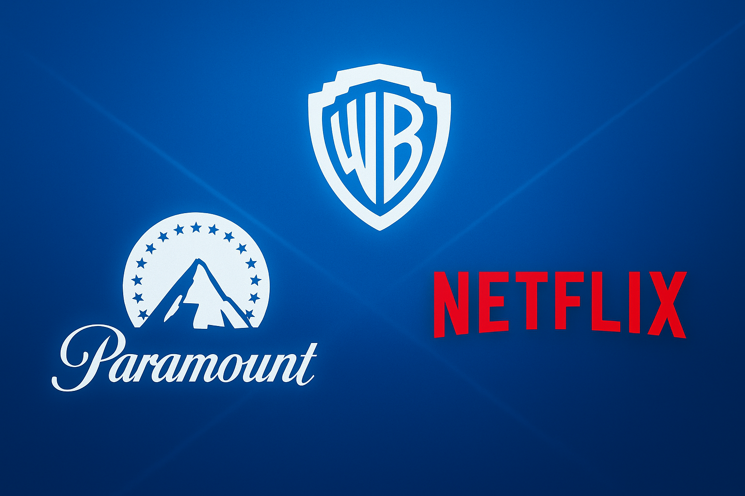 Logos von Paramount, Warner Bros. Discovery und Netflix auf blauem Hintergrund mit feine Lichtkanten / Bildquelle: KI-generiert: ChatGPT