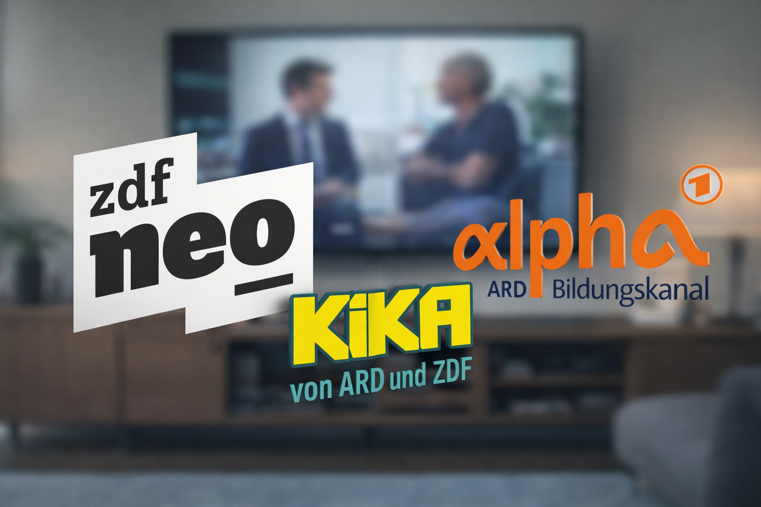 Logos von ZDF neo, KiKA und ARD-Alpha / Bildquelle: KI-generiert: ChatGPT