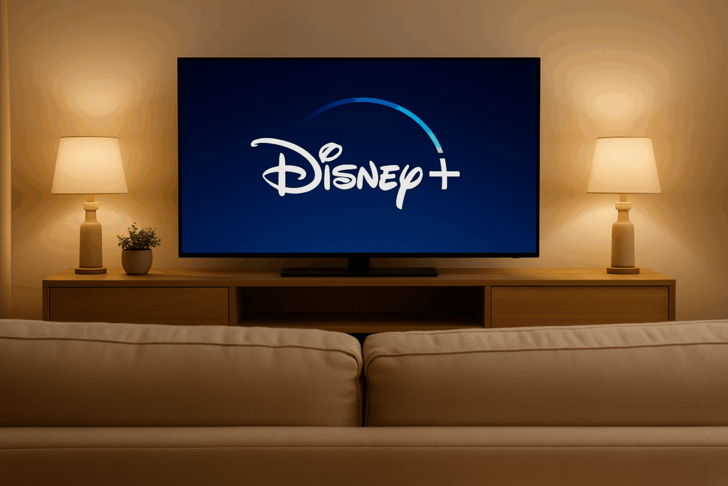 gemütliches Wohnzimmer mit Disney+ auf einem Fernseher (KI-generiertes Symbolbild) / © couchmoment